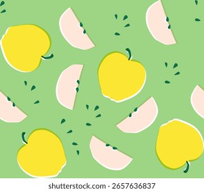 Patrón de manzana amarillo de estilo vintage sin fisuras sobre fondo verde. Perfecto para la tela, papel de embalaje, o diseños retro de temática frutal.