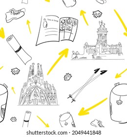 Seamless pattern with yellow arrow and pilgrim needed things. Backpack, pilgrim passport, travel mat, trekking sticks, boots, water.