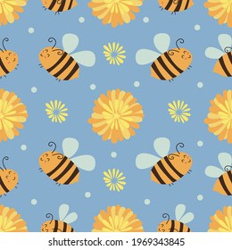 Seamless pattern with yellow asters and happy bees. Vector illustration hand drawn. Blue background. Wrapping, summer print or fabric texture