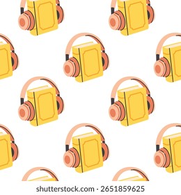 Seamless pattern of yellow audiobook players with orange headphones on white background. Repeating design for educational themes, tech backgrounds, or publishing tools