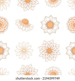 Seamless pattern with yellow autumn flowers marigold, calendula, chamomile in linear style isolated on white background