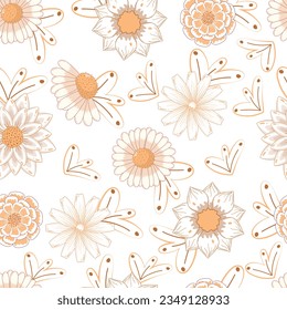 Seamless pattern with yellow autumn flowers marigold, calendula, chamomile in linear style isolated on white background