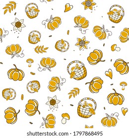 Seamless pattern with yellow autumn items pumpkin and autumn fruits