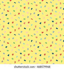 Seamless pattern with yellow background and colorful numbers. Pattern for children. Vector illustration.
