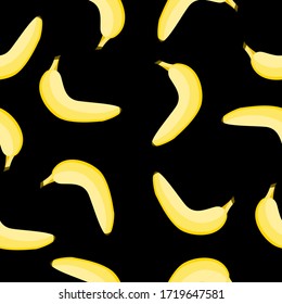 Patrón transparente con plátano amarillo. Fondo negro. Estilo de caricatura plano. Fruta tropical.Alimentos saludables. Vegan, estilo de vida vegetariano. Atención de salud. Para postales, papel pintado, papel textil y papel de envoltura