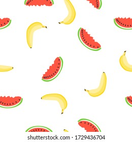Patrón sin foco con plátano amarillo, sandía roja. Fondo blanco. Estilo de caricatura plano. Frutas de verano. Alimentos saludables. Estilo de vida vegano. Atención de la salud. Para postales, papel pintado, textil, papel envolvente