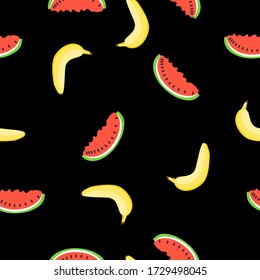 Patrón sin foco con plátano amarillo, sandía roja. Fondo negro. Estilo de caricatura plano. Frutas de verano. Alimentos saludables. Estilo de vida vegano. Atención de la salud. Para postales, papel pintado, textil, papel envolvente