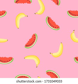 Seamless pattern with yellow banana, red watermelon. Pink background. Flat cartoon style. Summer fruits. Healthy food. Vegan lifestyle. Health care. For postcards, wallpaper, textile, wrapping paper