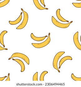 Seamless pattern with yellow banana. White background. Vector illustration hand drawn doodle. Sweet fruit, summer vitamin, vegetarian. Print for wrapping or paper, fabric