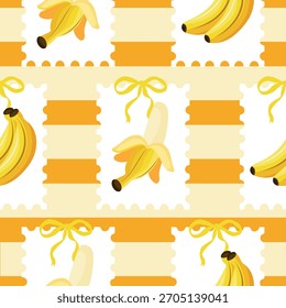 seamless pattern with yellow bananas arranged in the shape of a stamp on a yellow background, for packaging, backgrounds, textiles or other printing