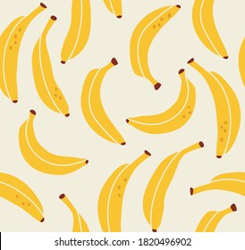 Seamless pattern of yellow bananas background elements on a beige background. Colorful background texture for kitchen, wallpaper, textile, fabric, paper. Vegan food illustration.