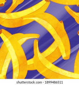 Seamless pattern with yellow bananas and dots.