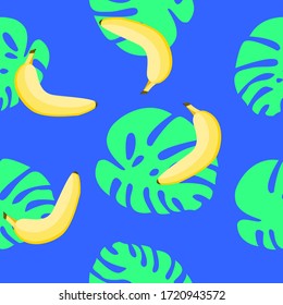 Nahtloses Muster mit gelben Bananen und grünen Monstera-Blättern. Flacher Cartoon. Blauer Hintergrund. Gesundes Essen. Veganer, vegetarischer Lebensstil. Tropisch. Für Postkarten, Tapeten, Textilien, Packpapier