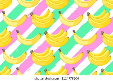 Seamless pattern of yellow bananas on hand drawn ink background. Flat style banana and brush striped texture. For wallpapers, web, surface textures, textile. Vector Illustration EPS 10 file