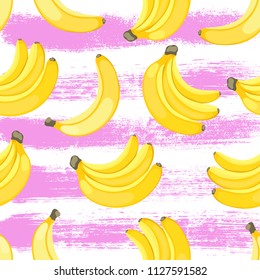 Seamless pattern of yellow bananas on hand drawn ink background. Flat style banana and brush striped texture. For wallpapers, web, surface textures, textile. Vector Illustration EPS 10 file.