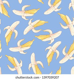 Seamless pattern yellow bananas on a blue background. Vector illustration.