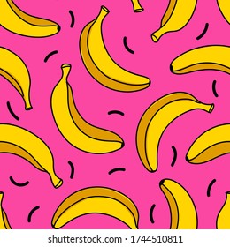 Seamless pattern. Yellow bananas on pink background. Vector illustration. Hand drawn. Trendy texture for packaging, textile, wallpaper