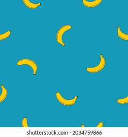 Seamless pattern of yellow bananas on a blue background. Vector. Banana print.