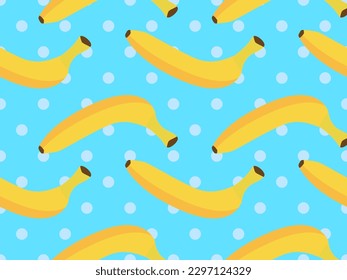 Seamless pattern with yellow bananas on a blue dotted background. Exotic ripe bananas. Design for posters, wrapping paper and wallpapers. Vector illustration