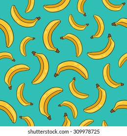Seamless pattern of yellow bananas on a blue background. Vector. Banana print. Yellow south fruit.