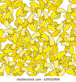 Seamless pattern with yellow bananas on black background. Cute vector background. Bright summer fruits illustration. Fruit mix design for fabric and decor. Funny wallpaper for textile and fabric.