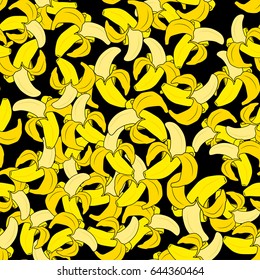 Seamless pattern with yellow bananas on black background. Cute vector background. Bright summer fruits illustration. Fruit mix design for fabric and decor. Funny wallpaper for textile and fabric.