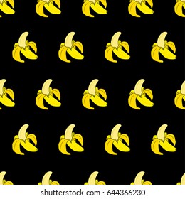Seamless pattern with yellow bananas on black background. Cute vector background. Bright summer fruits illustration. Fruit mix design for fabric and decor. Funny wallpaper for textile and fabric.