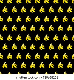 Seamless pattern with yellow bananas on black background. Cute vector background. Bright summer fruits illustration. Fruit mix design for fabric and decor. Funny wallpaper for textile and fabric.