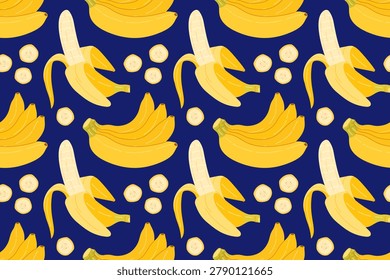 Seamless pattern with yellow bananas, peeled fruits, and round slices on deep royal blue indigo background. Tropical fruit vector repeat texture for swimwear, kids apparel, and trendy textiles