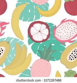 Seamless pattern with yellow bananas, pineapples, pitaya, dragon, papaya. on white background. Bright summer illustration. Fruit mix design for fabric and decor. Hand draw.