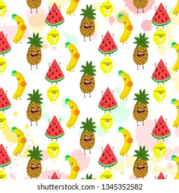 Seamless pattern with yellow bananas, pineapples and juicy strawberries on mint green background. Cute vector background. Bright summer fruits illustration. Fruit mix design for fabric and decor.