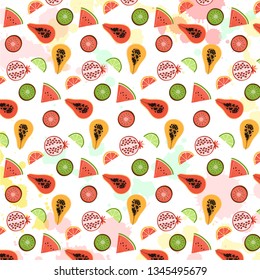 Seamless pattern with yellow bananas, pineapples and juicy strawberries on mint green background. Cute vector background. Bright summer fruits illustration. Fruit mix design for fabric and decor.
