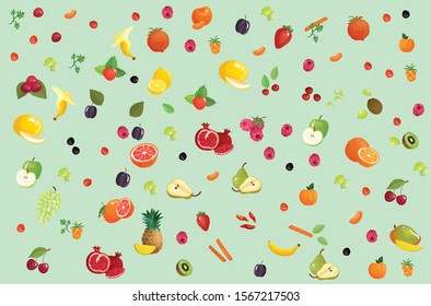 Seamless pattern with yellow bananas, pineapples and juicy strawberries on mint green background. Cute vector background. Bright summer fruits illustration. Fruit mix design for fabric and decor