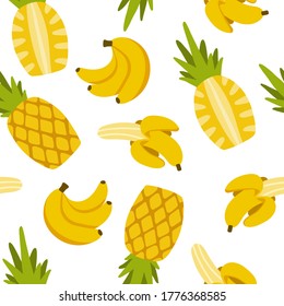 Seamless pattern with yellow bananas and pineapples. Repeating endless elements. Juicy and tasty fruits for a summer print. Background for textiles, packaging, postcards, etc.