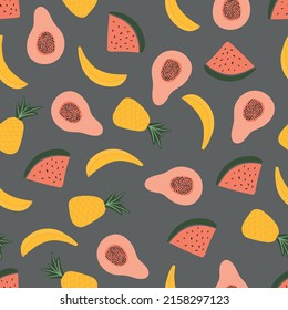 Seamless pattern with yellow bananas, pineapples and juicy strawberries on mint green background. Cute vector background. Bright summer fruits illustration. Fruit mix design for fabric and decor.