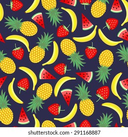 Seamless pattern with yellow bananas, pineapples and juicy strawberries on dark blue background. Cute vector background. Bright summer fruits illustration. Fruit mix card.