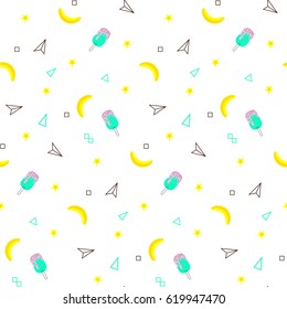 Seamless pattern with yellow bananas, pineapples and watermelon, ice cream on white background. Memphis vector background. Bright summer illustration. Fruit mix design for fabric and decor