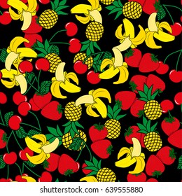 Seamless pattern with yellow bananas, pineapples and juicy strawberries on black background. Cute vector background. Bright summer fruits illustration. Fruit mix design for fabric and decor.