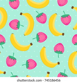 Seamless pattern with yellow bananas and pink strawberries. Cute vector background. Fruit illustration on mint background with polka dots.