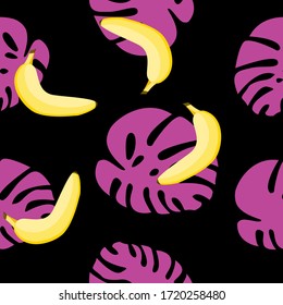 Seamless pattern with yellow bananas and purple monstera leaves. Flat cartoon. Black background. Healthy food. Vegan, vegetarian lifestyle. Tropical. For postcards, wallpaper, textile, wrapping paper