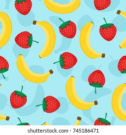 Seamless pattern with yellow bananas and red strawberries. Cute vector background. Fruits illustration on blue background.