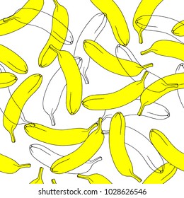 Seamless pattern with yellow bananas and transparent banana outlines. Endless bright pattern.