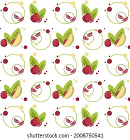 seamless pattern of yellow baskets with red apples and green leaves