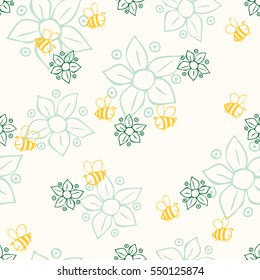 Seamless pattern with yellow bees and flowers. Floral design for wedding invitations and birthday cards. Vector illustration