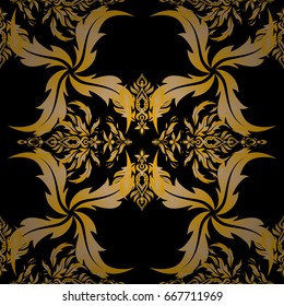 Seamless pattern in yellow and beige colors. Vector sketch with motley ornament on a black background.
