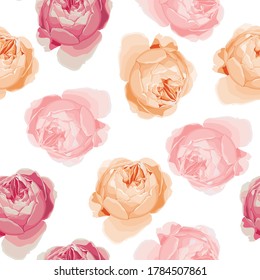 Seamless pattern with yellow, beige, pink roses. Perfect for background greeting cards and invitations for wedding, birthday, Valentine's Day, Mother's Day. White background.	