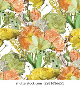 Seamless pattern with yellow beige poppy, peony, tulips flowers on a white background with sequins. Hand drawn sketch. Template for floral textile design, paper, wallpaper, web.