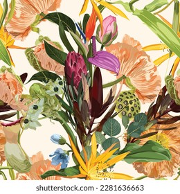 Seamless pattern with yellow beige poppy, protea, strelitzia flowers on a white background with sequins. Hand drawn sketch. Template for floral textile design, paper, wallpaper, web.