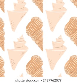 Seamless pattern with yellow and beige seashells isolated on white background. 
