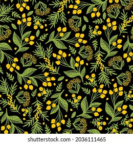 Seamless pattern with yellow berries on a black background in vector